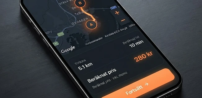 Mobil med Grön Taxis bokningsapp och karta med orange rutt
