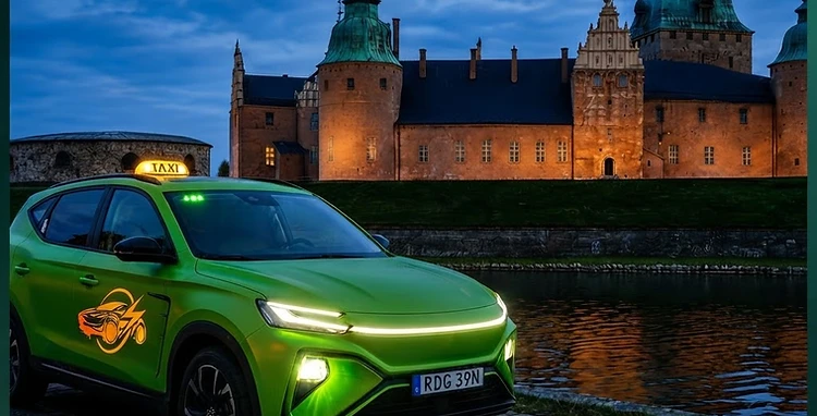 Grön Taxis elbil vid kajen i Kalmar