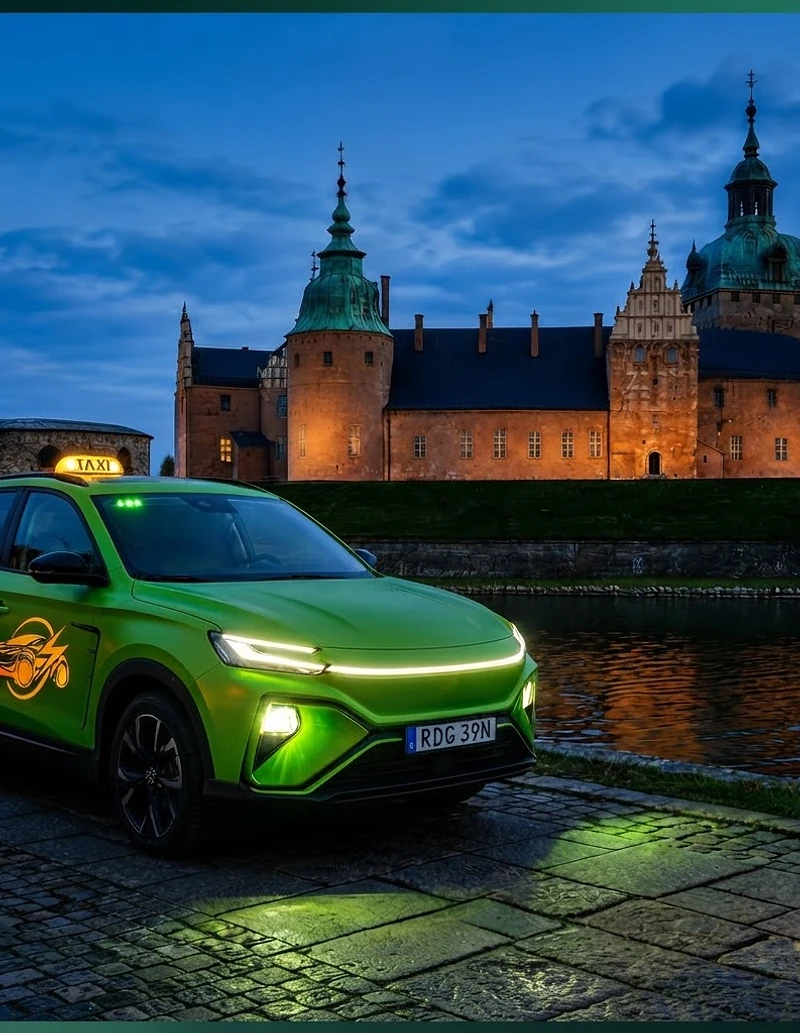 Grön Taxis elbil vid kajen i Kalmar i skymning