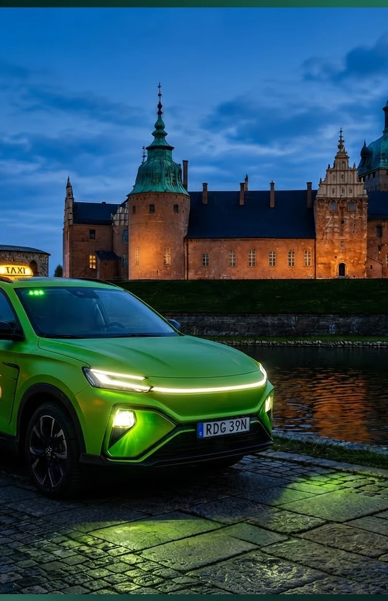 Grön Taxis elbil vid kajen i Kalmar i skymning