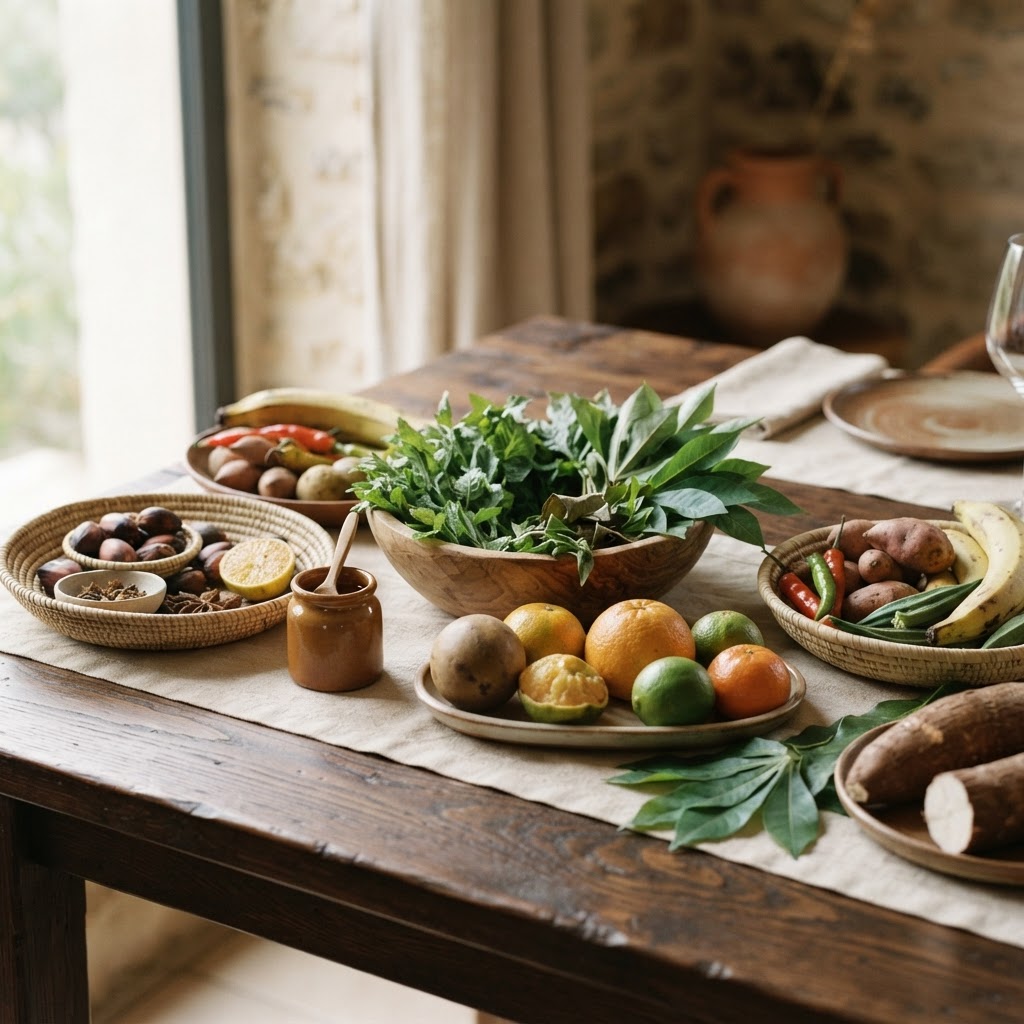 Produits frais et herbes, inspiration terroir