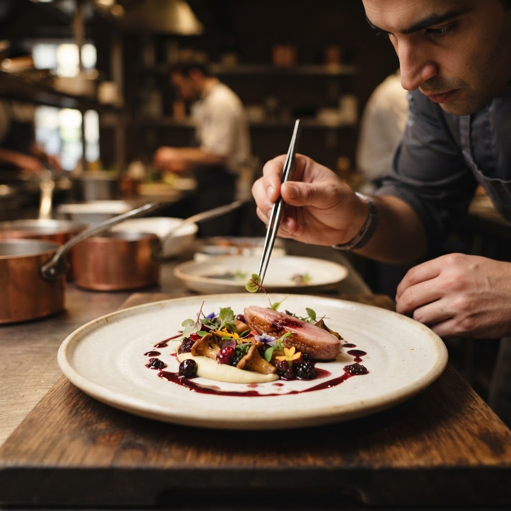 Geste du chef lors du dressage d'une assiette gastronomique