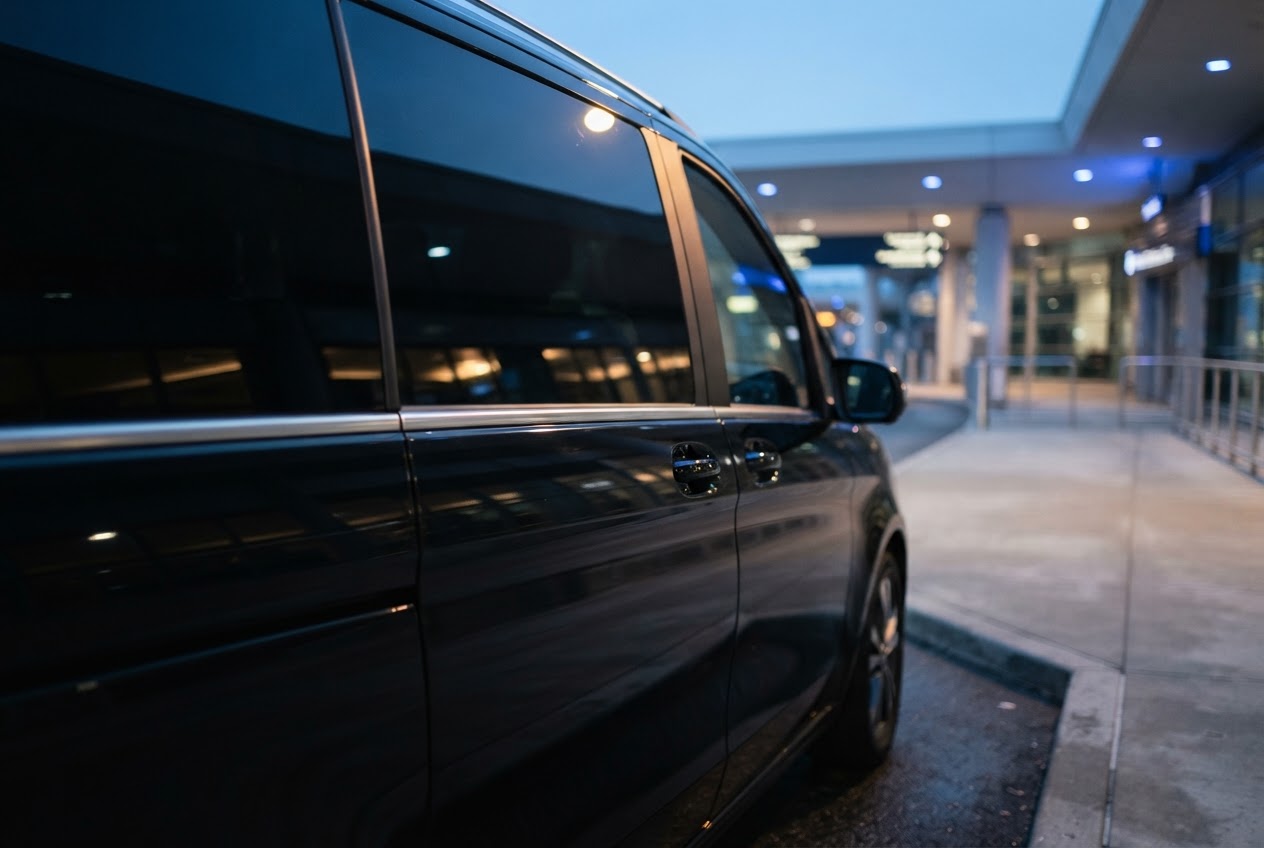 Black Mercedes-Benz V-Class private transfer vehicle at Heathrow Airport
