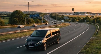 An executive vehicle collecting cruise passengers at a Heathrow airport terminal
