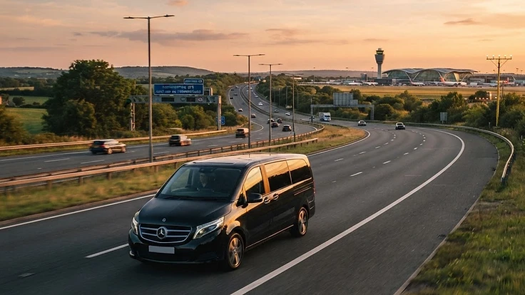 An executive vehicle collecting cruise passengers at a Heathrow airport terminal