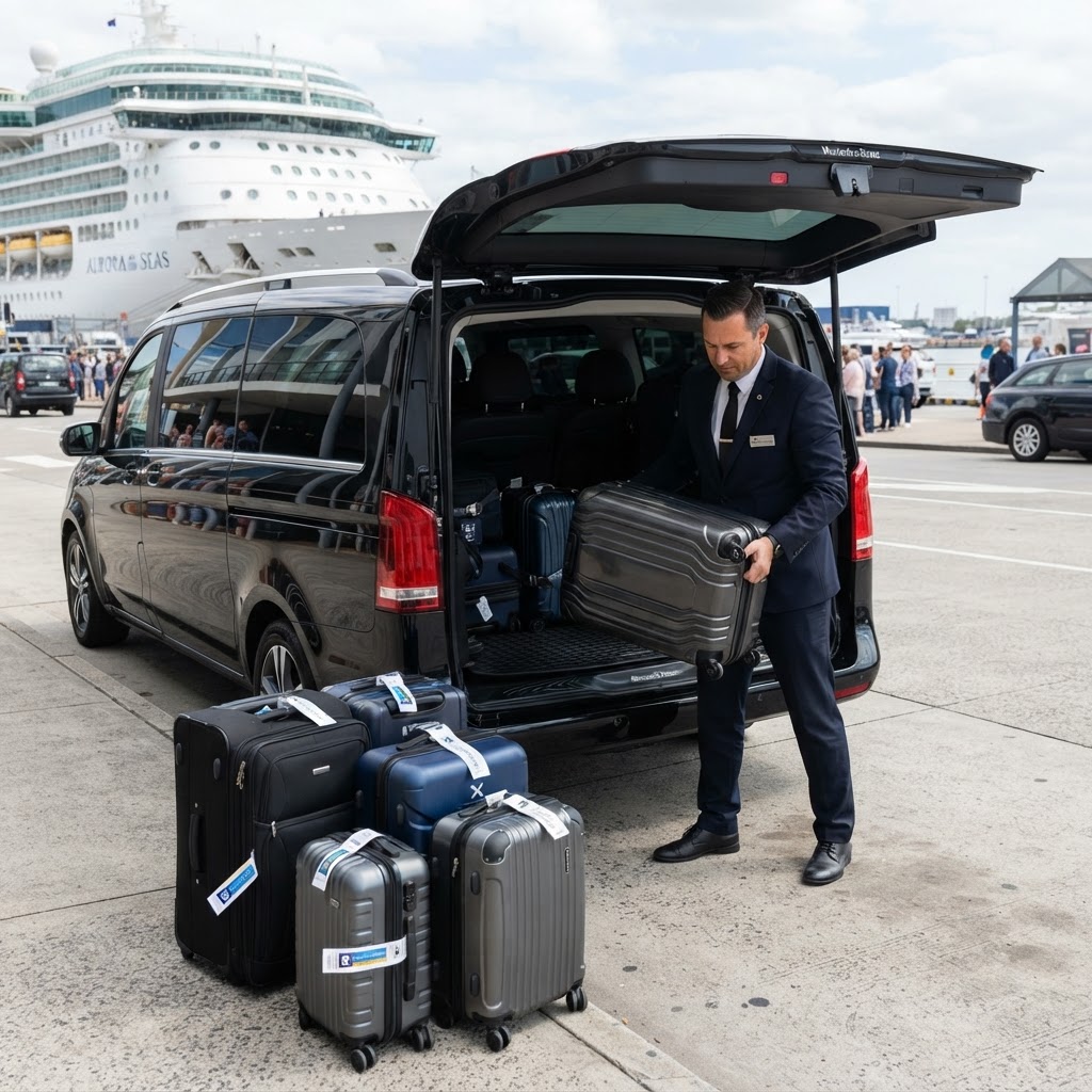 Cruise luggage being loaded into an executive transfer vehicle