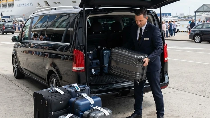 Cruise luggage being loaded into an executive transfer vehicle