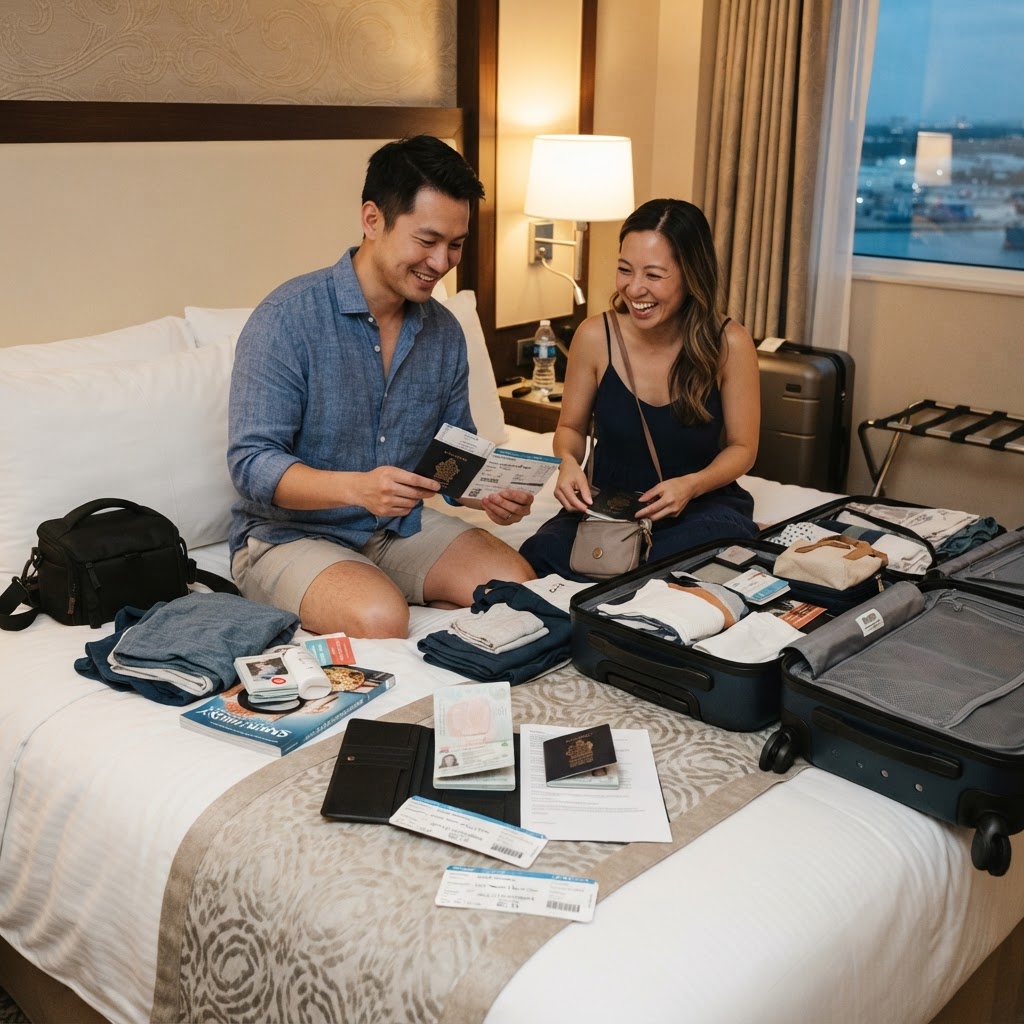 A cruise passenger with luggage preparing for embarkation day
