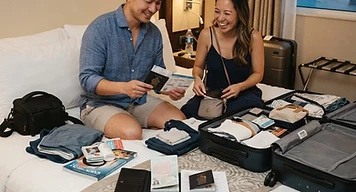 A cruise passenger with luggage preparing for embarkation day