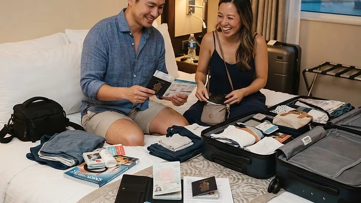 A cruise passenger with luggage preparing for embarkation day