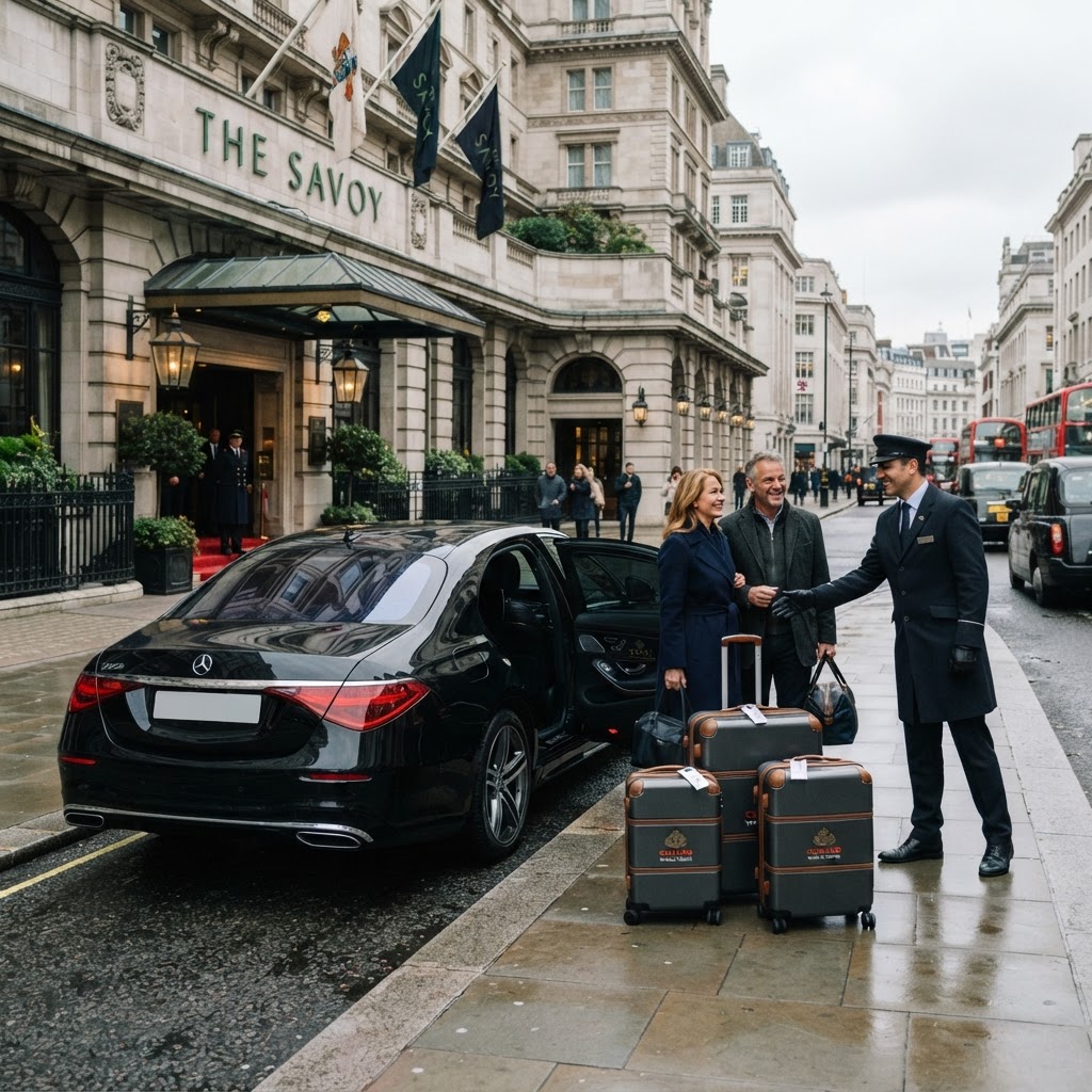 An executive saloon collecting cruise passengers from a Central London hotel