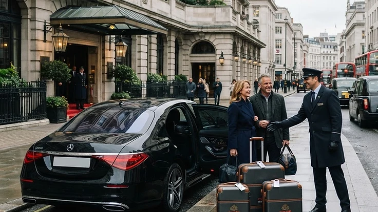 An executive saloon collecting cruise passengers from a Central London hotel