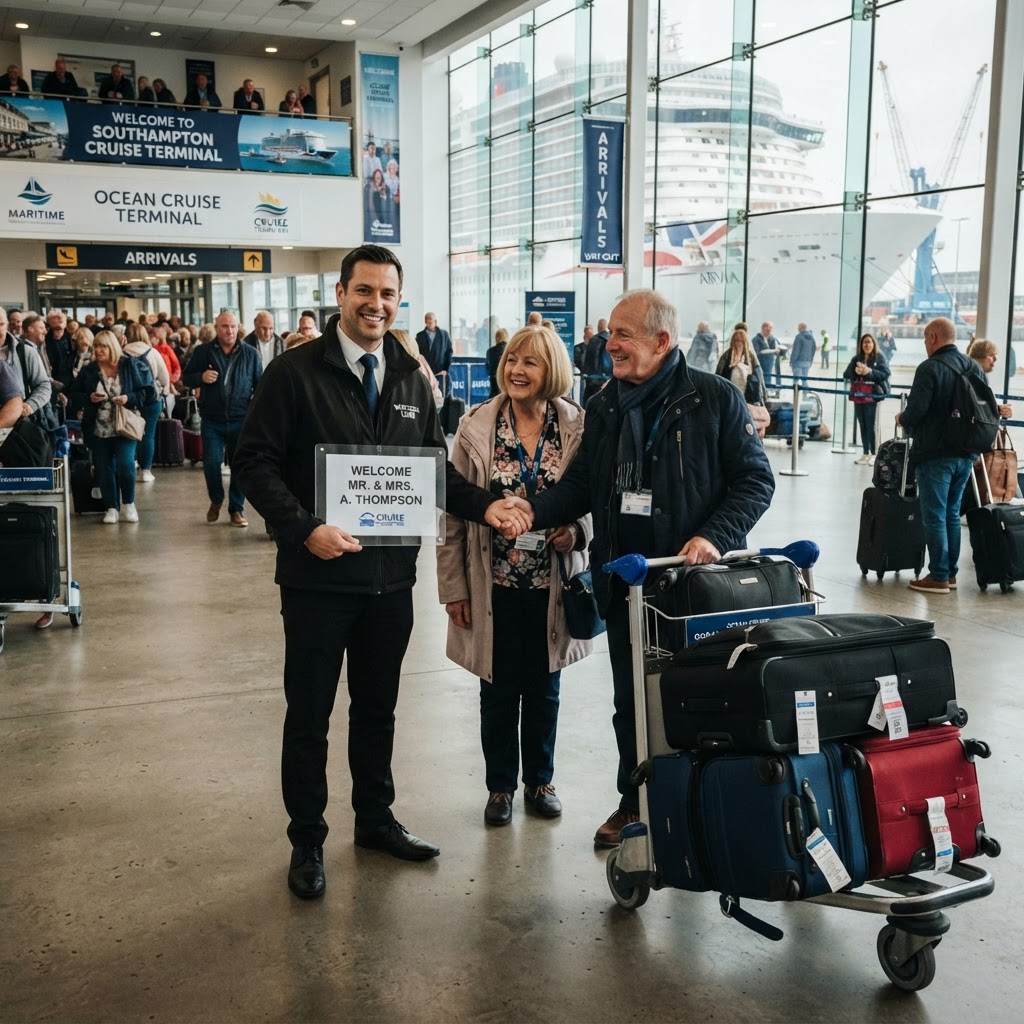 Disembarking cruise passengers meeting a driver at Southampton cruise terminal