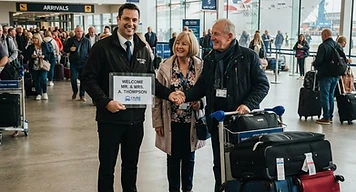 Disembarking cruise passengers meeting a driver at Southampton cruise terminal