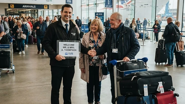 Disembarking cruise passengers meeting a driver at Southampton cruise terminal