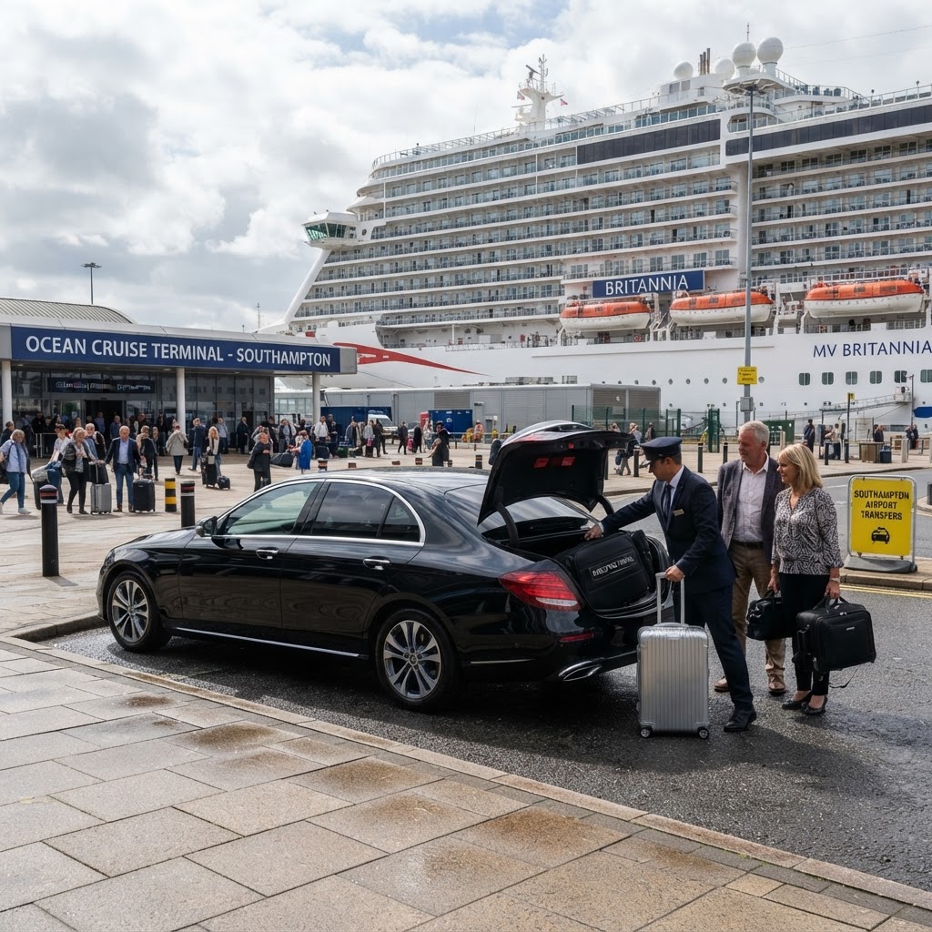 An executive vehicle collecting disembarking cruise passengers at Southampton for Gatwick Airport