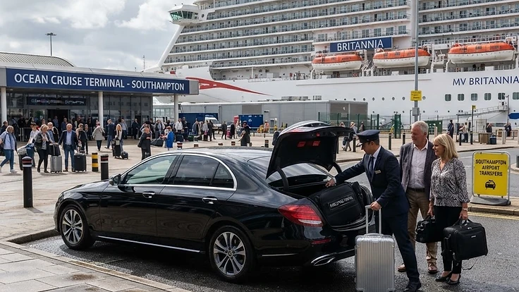 An executive vehicle collecting disembarking cruise passengers at Southampton for Gatwick Airport