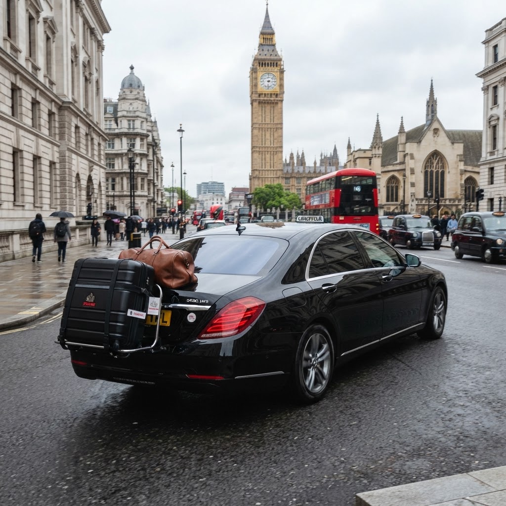 An executive saloon arriving in Central London after collecting passengers from Southampton cruise terminal