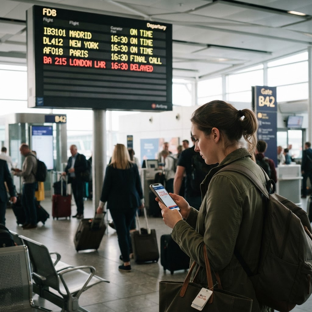 A delayed flight information board at an airport