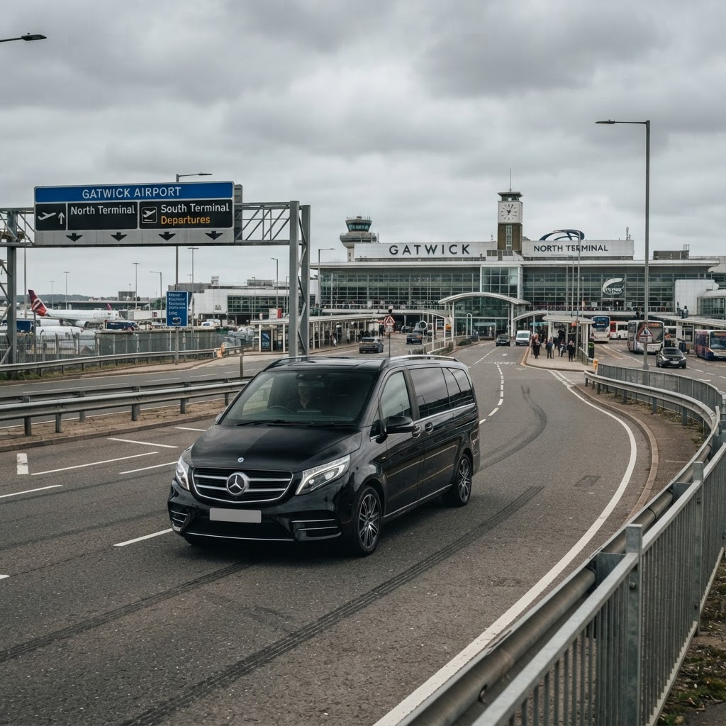 An executive vehicle collecting passengers at Gatwick Airport for a cruise transfer