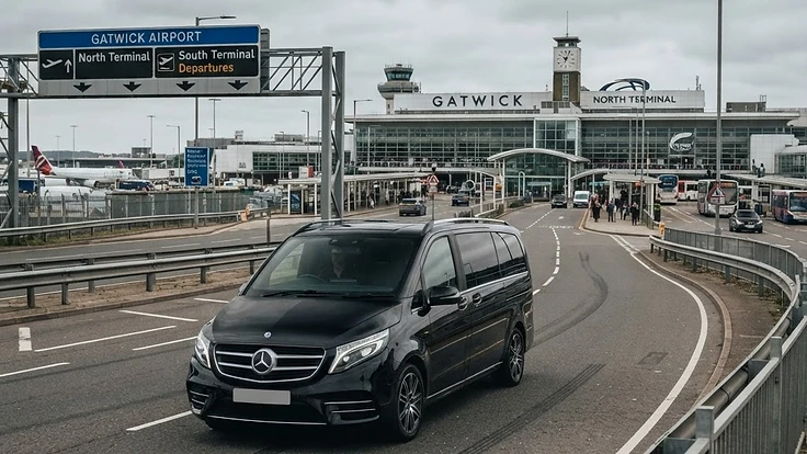 An executive vehicle collecting passengers at Gatwick Airport for a cruise transfer