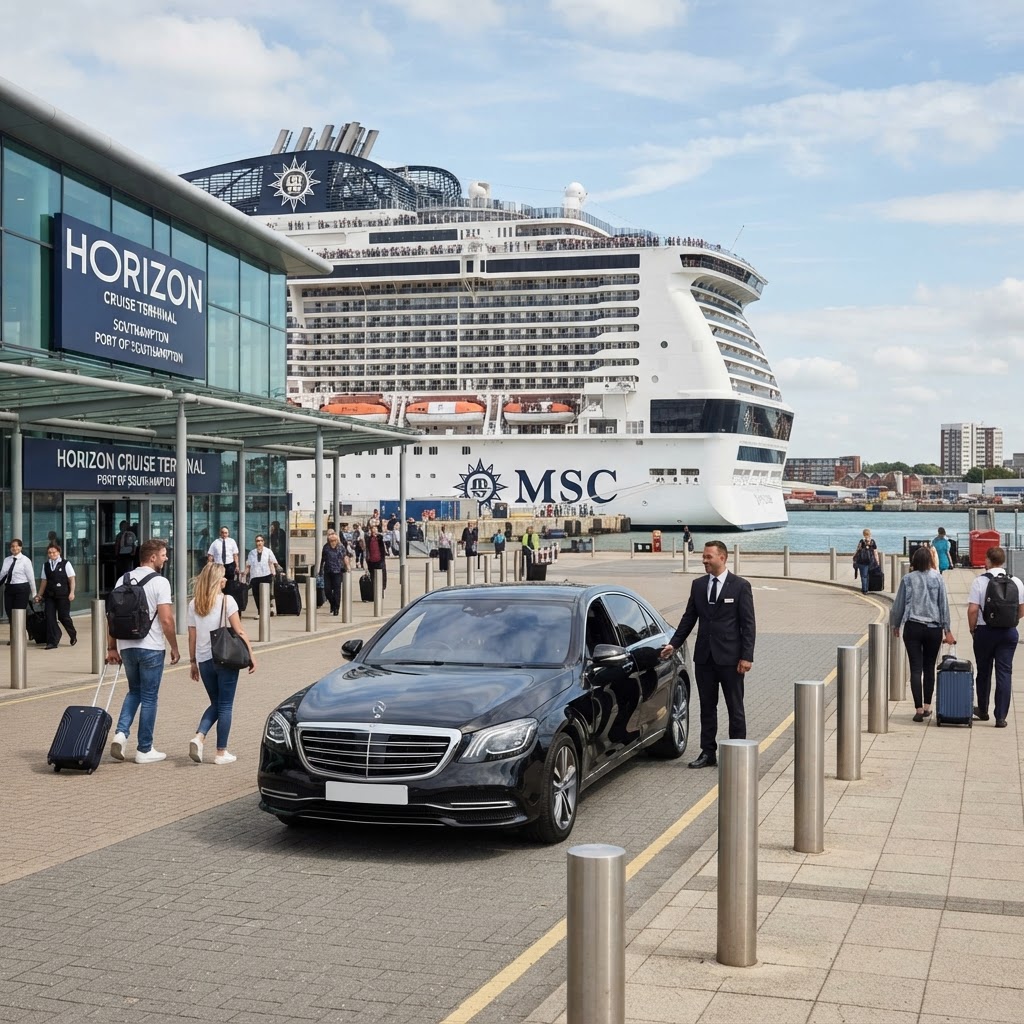 An executive vehicle waiting at a Southampton cruise terminal for disembarking passengers