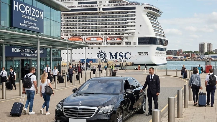 An executive vehicle waiting at a Southampton cruise terminal for disembarking passengers