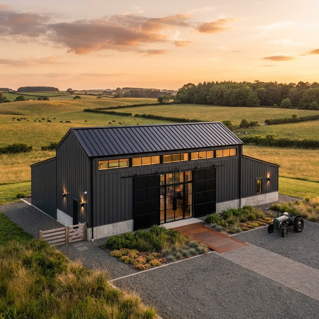 Modern high-end agricultural steel barn at sunset
