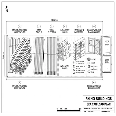 Sample sea can load plan diagram showing labeled zones and item locations inside the container