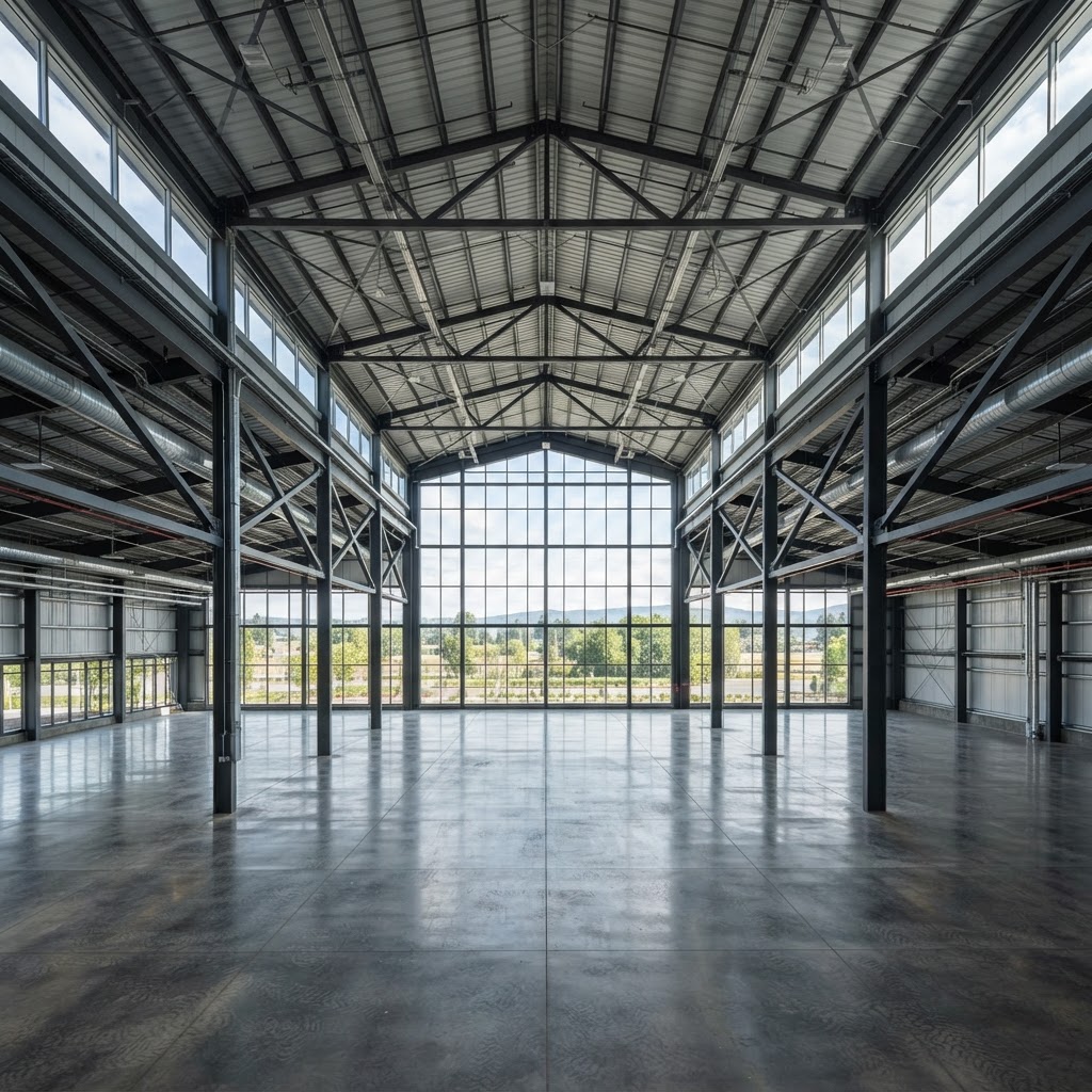 Premium clear-span steel industrial interior with clerestory light