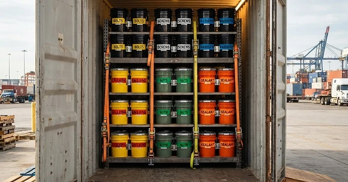 RHINO BUILDINGS sea can with back doors open, showing organized labeled 5-gallon buckets on shelving