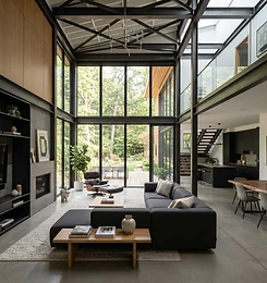 Open-concept steel frame home interior
