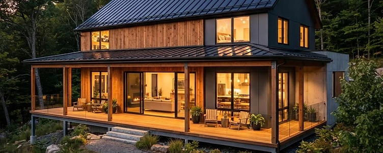 Steel home with wraparound porch at dusk