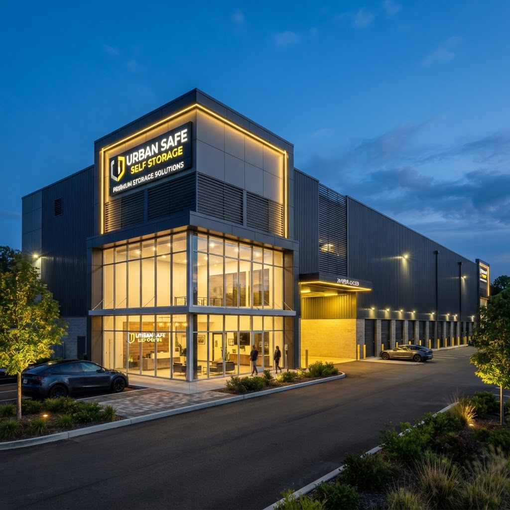 Premium modern self-storage facility at dusk
