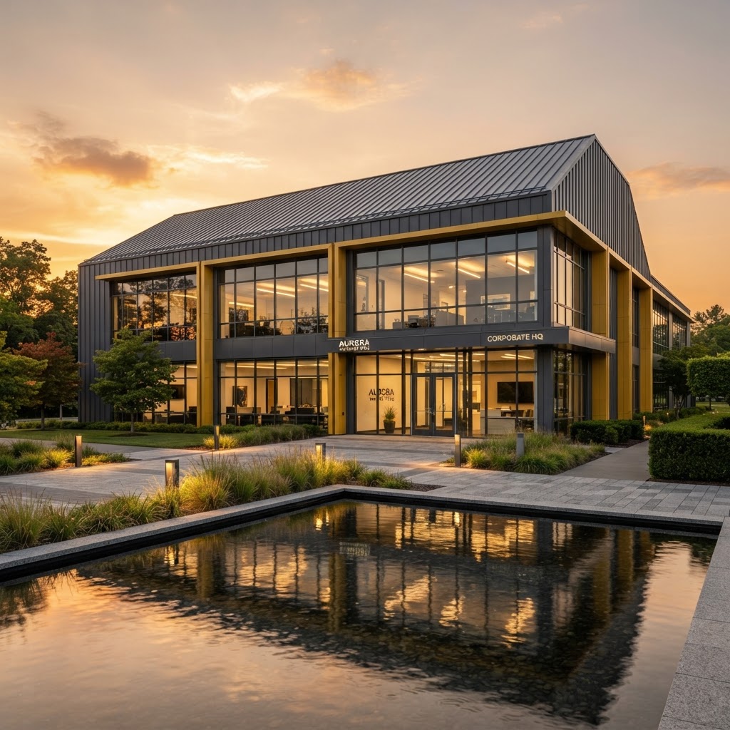 Sleek modern commercial pre-engineered steel building at golden hour