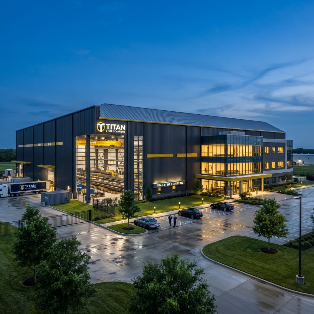 Large premium industrial steel building facility at blue hour