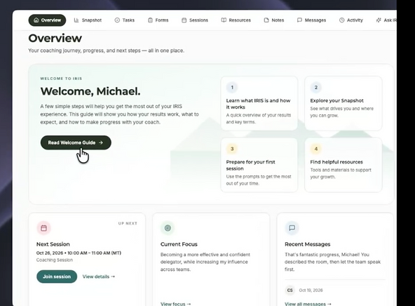 IRIS coachee dashboard with a welcome card, next session, current focus and recent messages