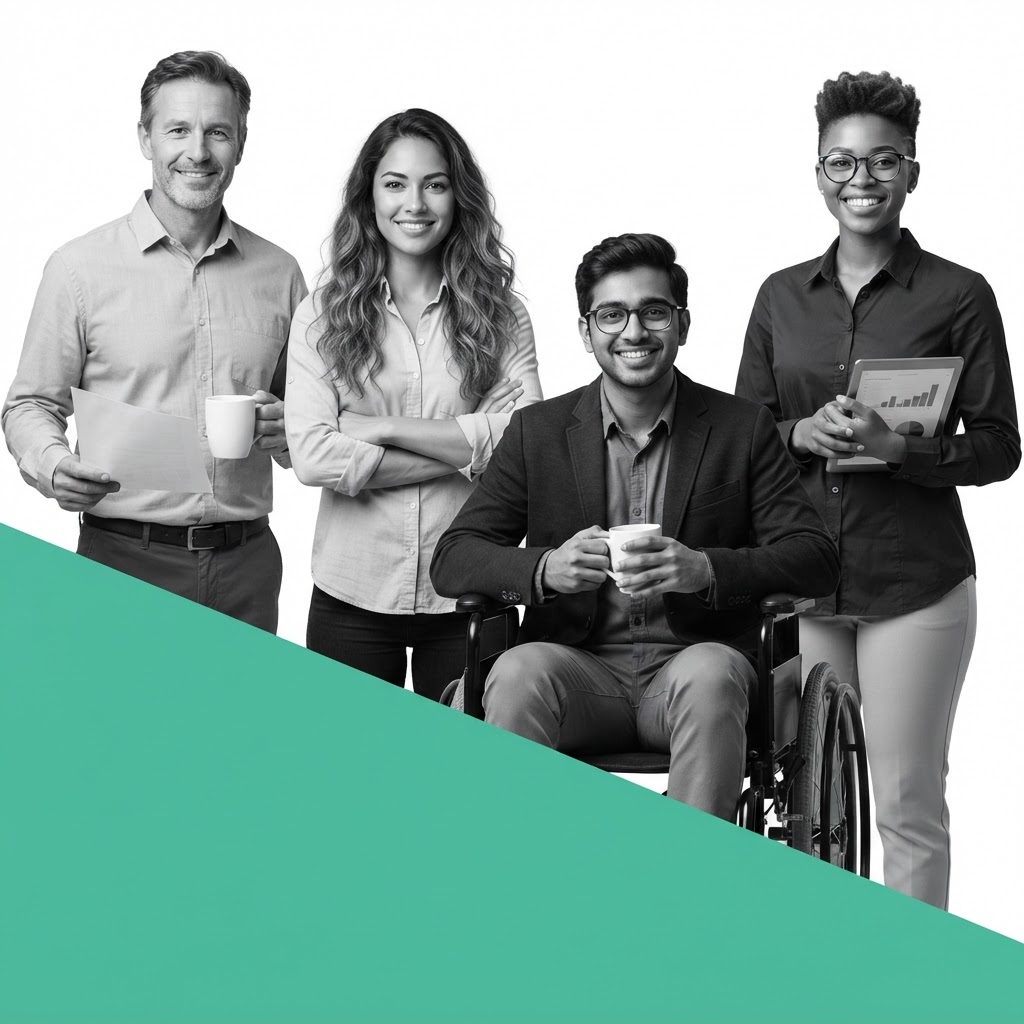 A diverse team of four professionals, including a wheelchair user, representing the people IRIS accessibility serves