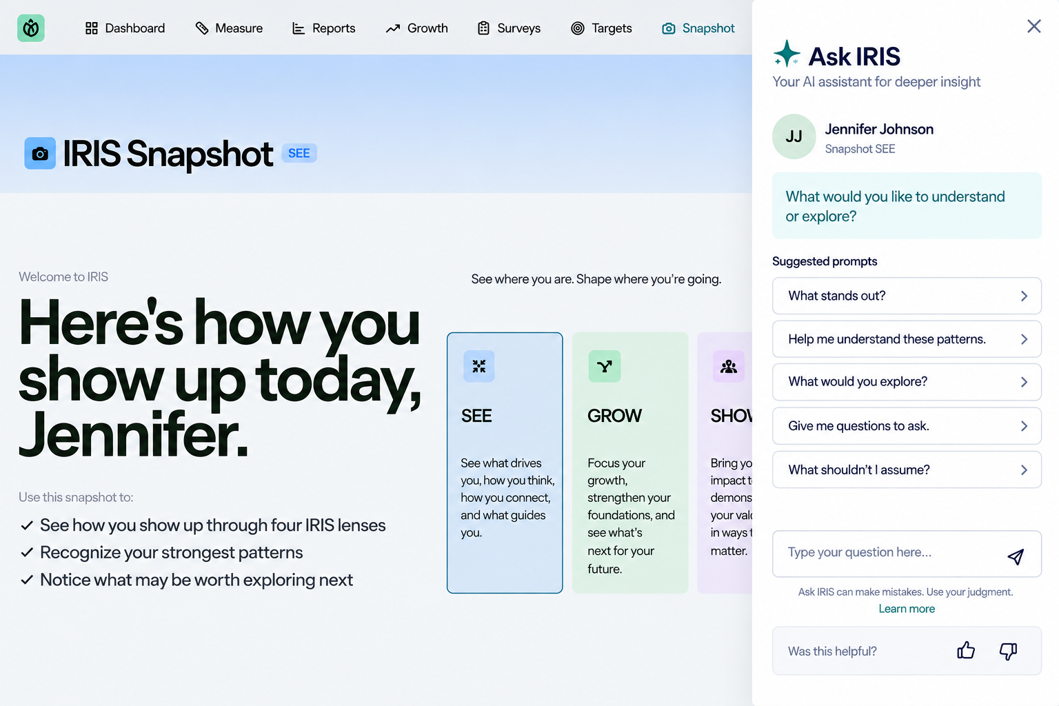 Ask IRIS AI assistant panel with suggested prompts for behavioral insight exploration