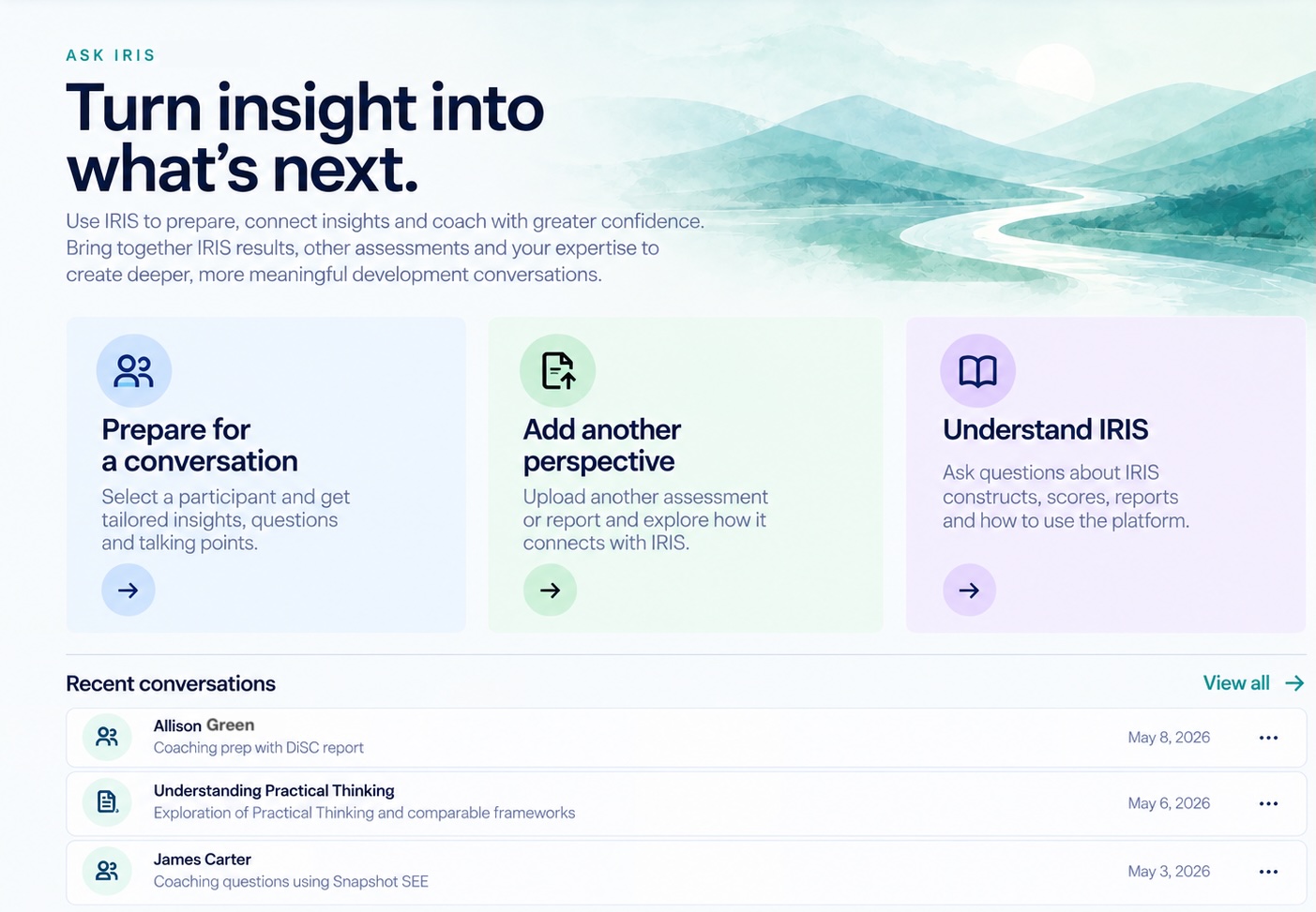 Ask IRIS dashboard showing conversation prep, adding perspectives, and understanding IRIS constructs