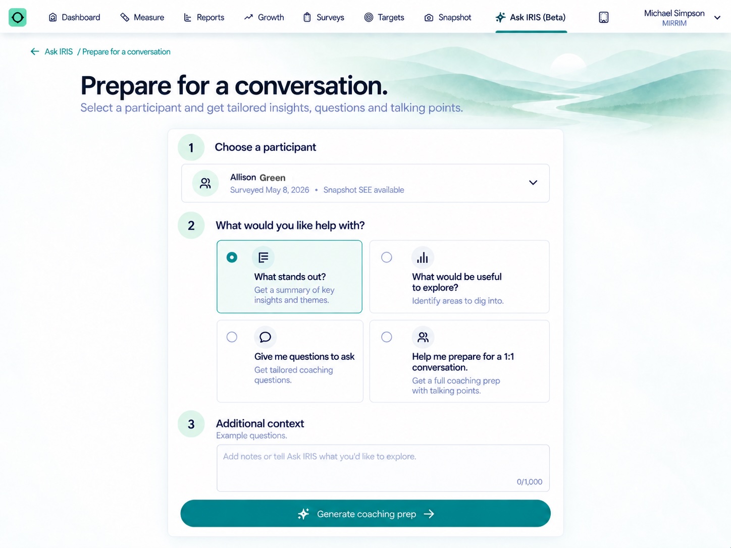 Ask IRIS coaching prep interface showing a three-step form to prepare for a coaching conversation