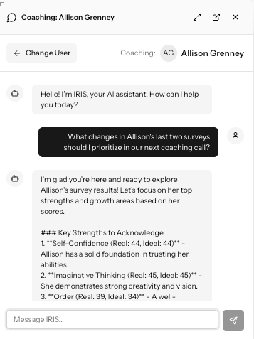 IRIS AI coaching assistant in conversation with a coach about a coachee's survey results