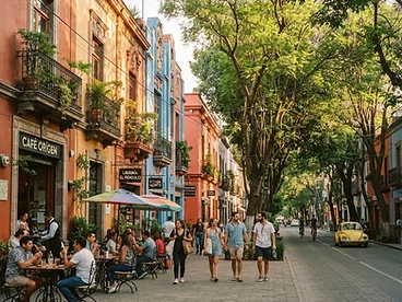 Sunlit street in Mexico City's Roma Norte with colonial facades and café tables