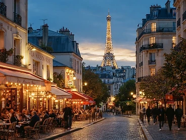 Paris rooftops and the Eiffel Tower at dusk from a glowing café-lined street