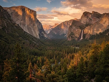 El Capitan and Bridalveil Fall rising above Yosemite Valley at golden hour