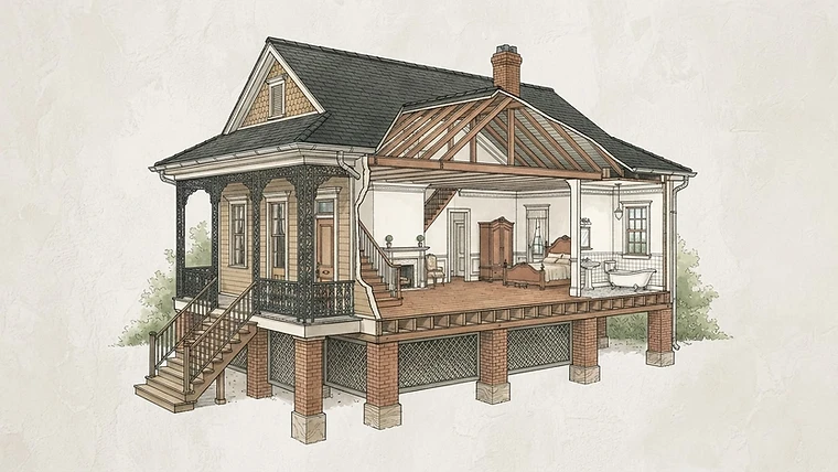 Architectural cutaway concept of a Louisiana home