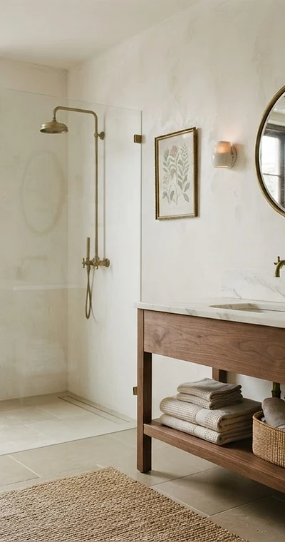 Editorial concept of a refined renovated bathroom