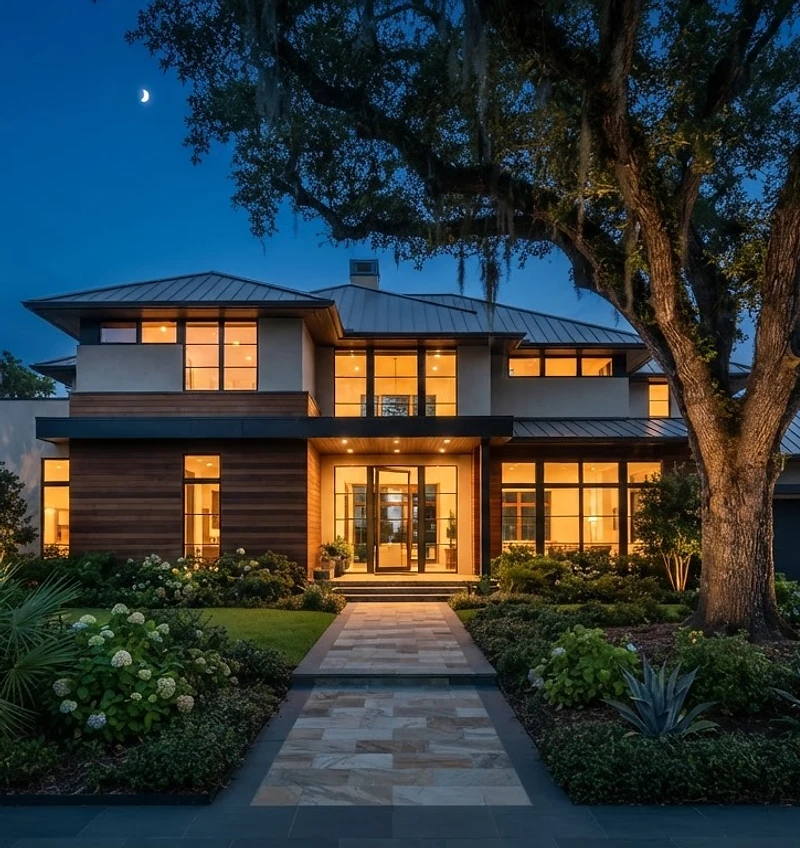 Modern Metairie residence at blue hour