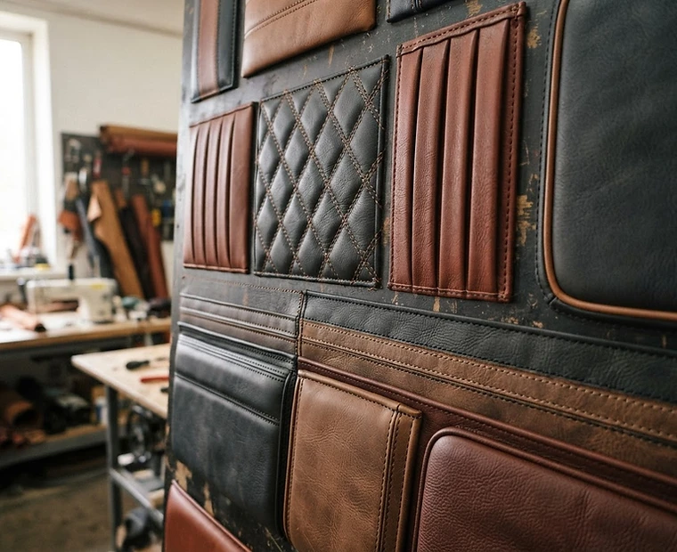 Macro wall of upholstery stitch, pleat and piping details