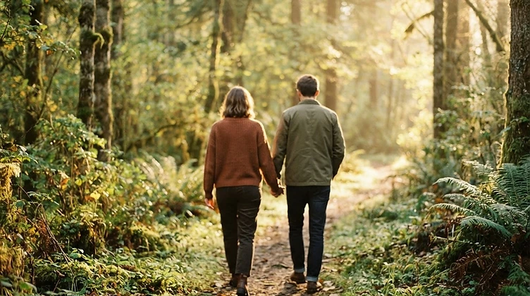 Two people walking a forest path at sunrise